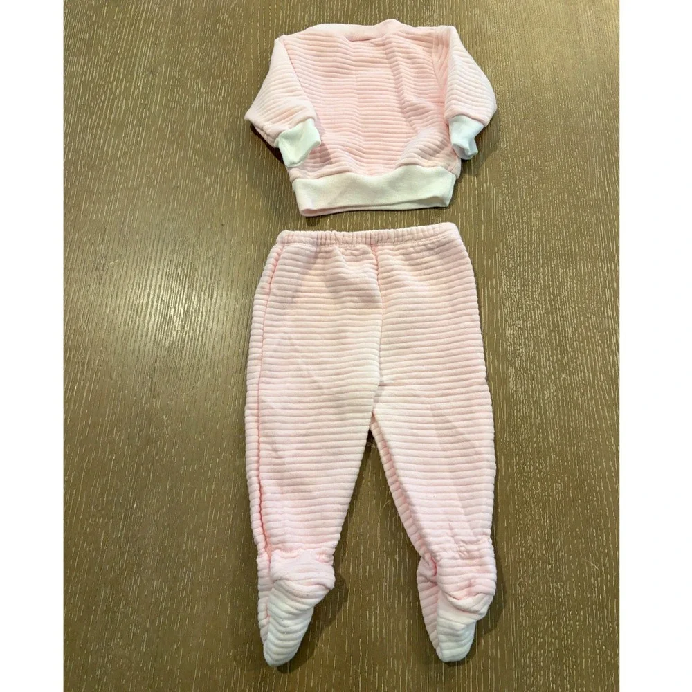 Vintage Baby Girl 3-6 Months Pink Teddy Bear 2 Piece Quilted Outfit Footed Pants